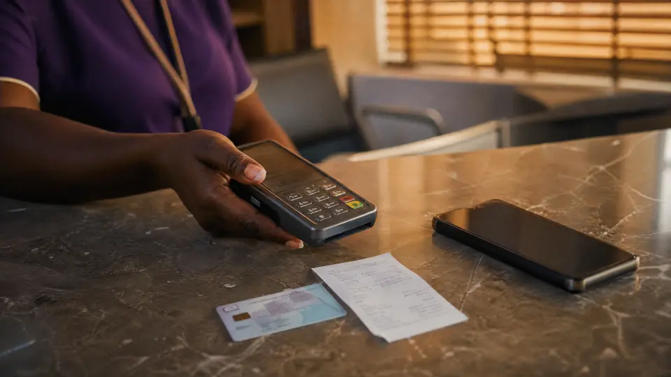 A hand holding a POS card terminal at a clinic front desk, with an HMO card and a printed receipt